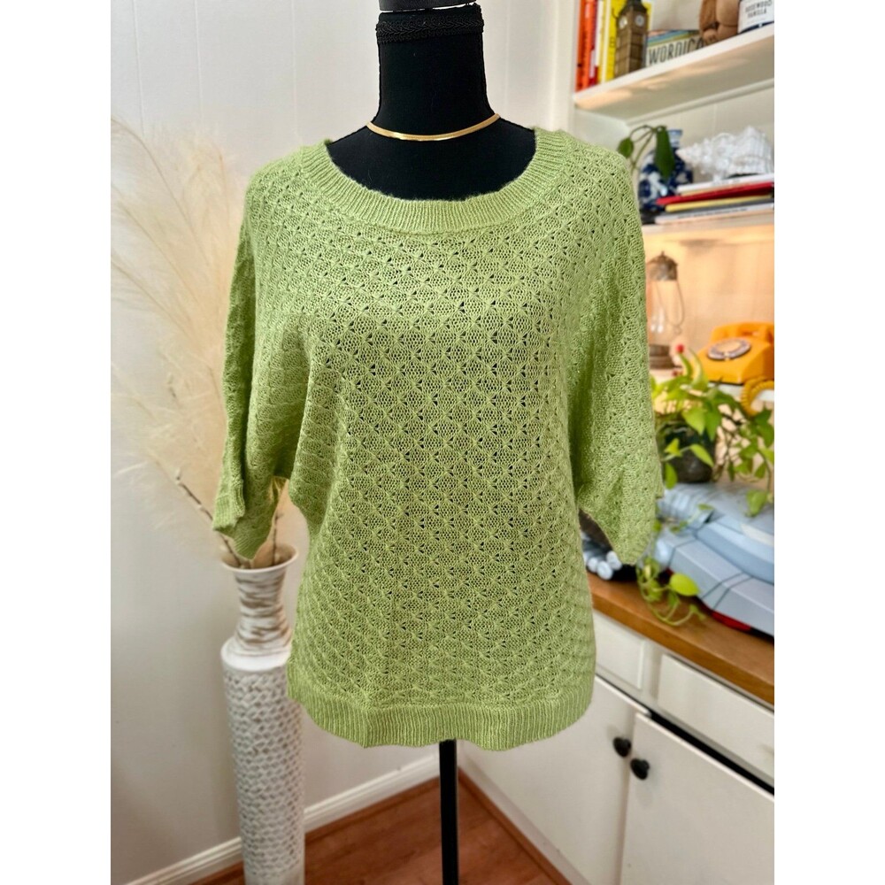 Light Sage Green Knit Sweater L | Breathable Open Weave | Relaxed Fit Spring Top